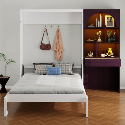 Murphy Bed with Arched Cabinets, Built-in LED, a Drawer, Multiple Open Display Compartments for Bedroom