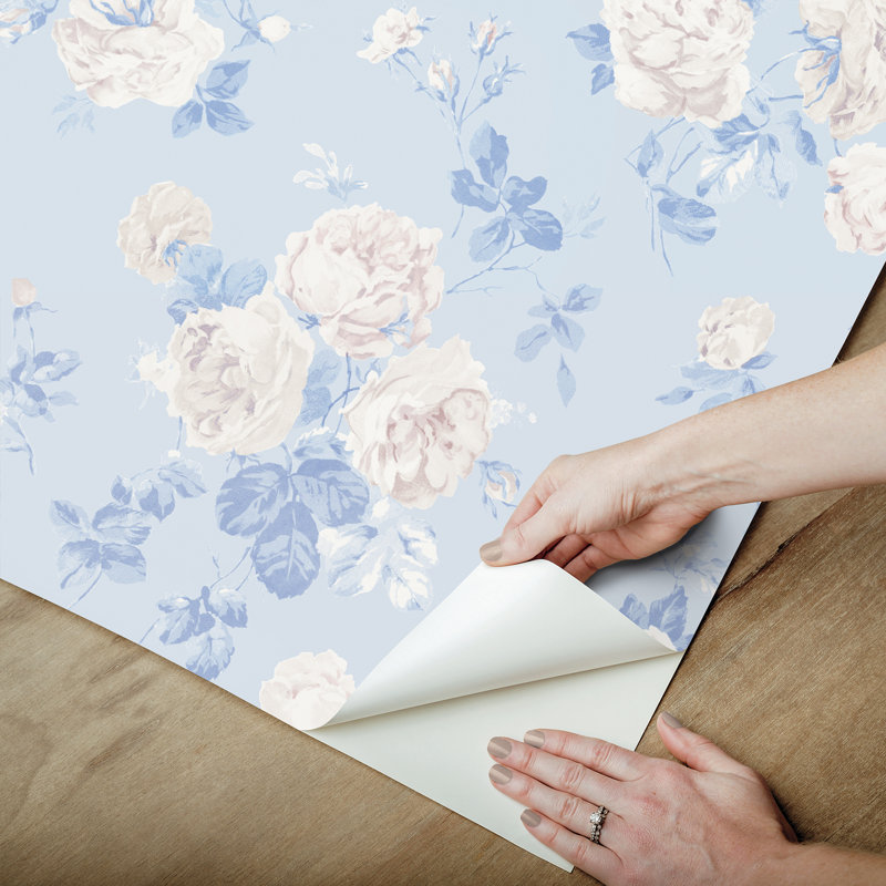 Everblooming Rosettes Whisper Blue Cabbage Rose Bouquets Peel and Stick Wallpaper