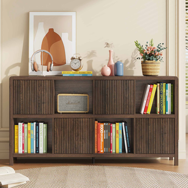 Guinna Farmhouse 8 Cube Bookshelf With 4 Doors, Wood Bookcase With Storage, Horizontal Cubby Organizer Shelf For Living Room, Office, Bedroom