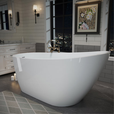 63" Acrylic Freestanding Bathtub, Deep Soaking Contemporary Stand Alone Bath Tub with Pop-up Drain & Integrated Overflow, Chrome-Finish Drain Cover, Glossy White GF-26A04-63