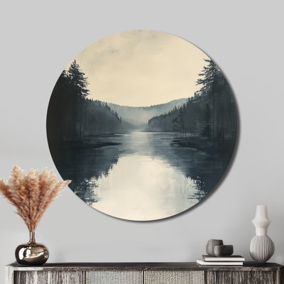 «Vintage Forest By The Lake I - Lake Mountains», art mural rond en métal