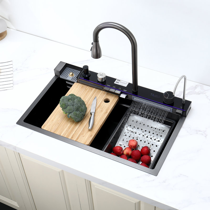Évier de cuisine à cuve simple en acier inoxydable 304 avec robinet à cascade coulissant et lavabo à légumes, Satiné