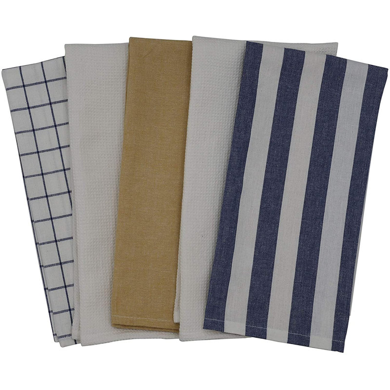 Cotton Stripe Tea Towel Kitchen Towel, Mustard/Navy/White