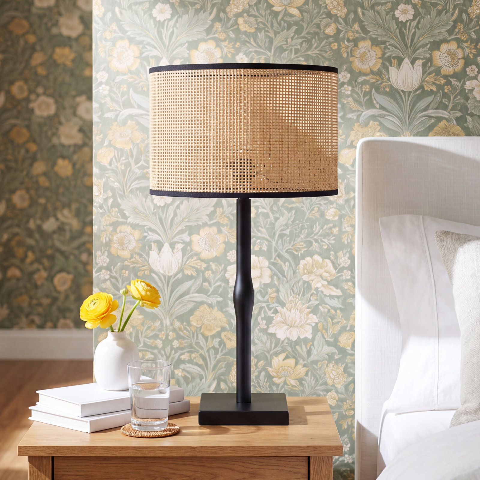 Phipps Solid Wood Table Lamp, Black Wood, Natural Woven/Black Trim