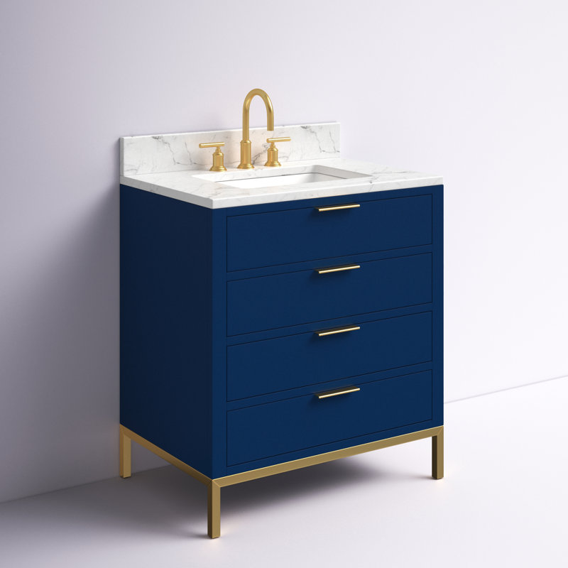 Meuble-lavabo de comptoir en marbre blanc avec robinet Bristol Carrara, Bleu monarque, L 30 po