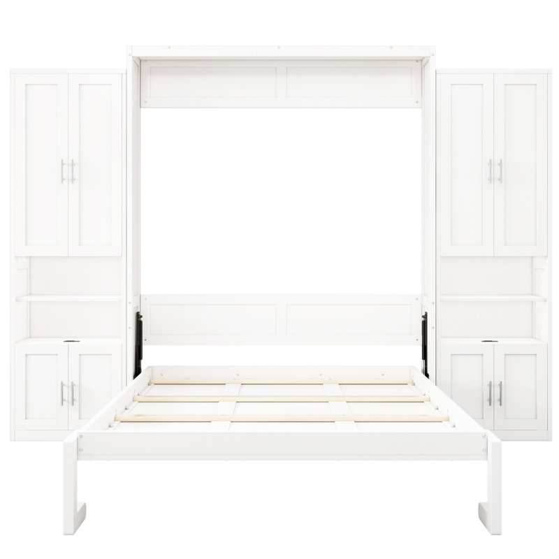 Lit escamotable, Grand, 1 lit, 2 armoires latérales, tablettes de rangeme