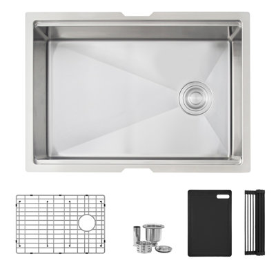 Évier de cuisine encastré à simple cuve en acier inoxydable 27 pouces avec accessoires noirs