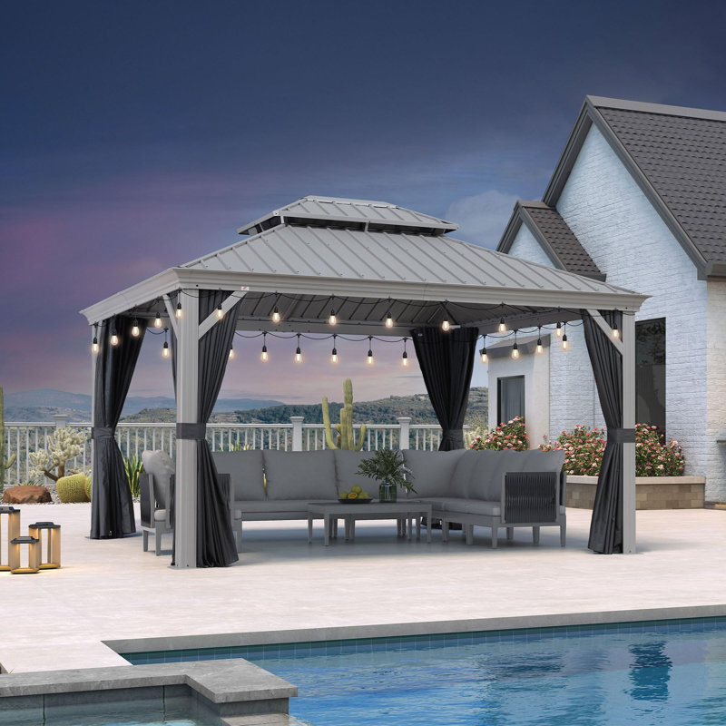 Purple Leaf 11' X 13' Hardtop Aluminum Gazebo With Double Metal Roof And String Lights Heavy Duty Permanent Gazebo For Patio Deck Lawn Garden All Weather Outdoor Pavilion Gazebos, Light Grey