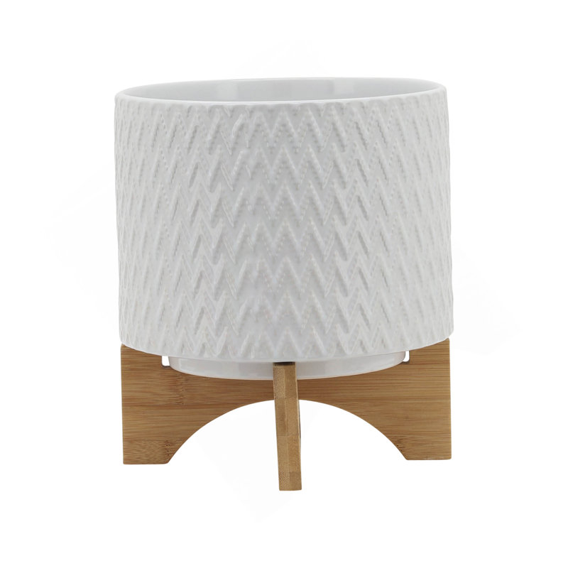 8" CHEVRON PLANTER W/ STAND, WHITE, 10" H x 8" W x 8" D