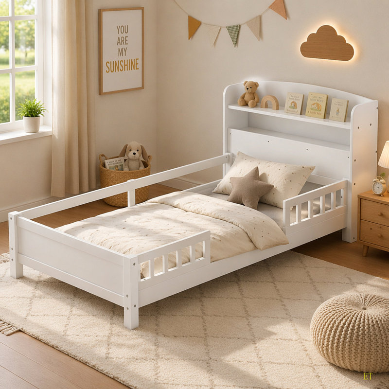 Lit plateforme simple en bois avec éclairage à DEL intégré, tête de lit avec rangement et garde-corps, Blanc