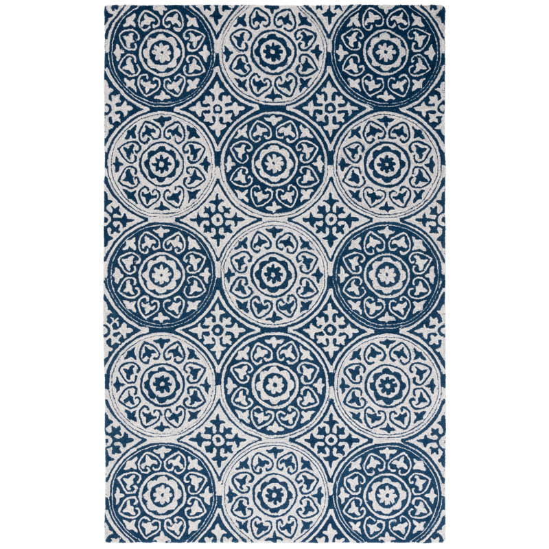 Norissa Hand Tufted Wool/Cotton Geometric Rug in Ivory/Blue, Rectangle 8' x 10'