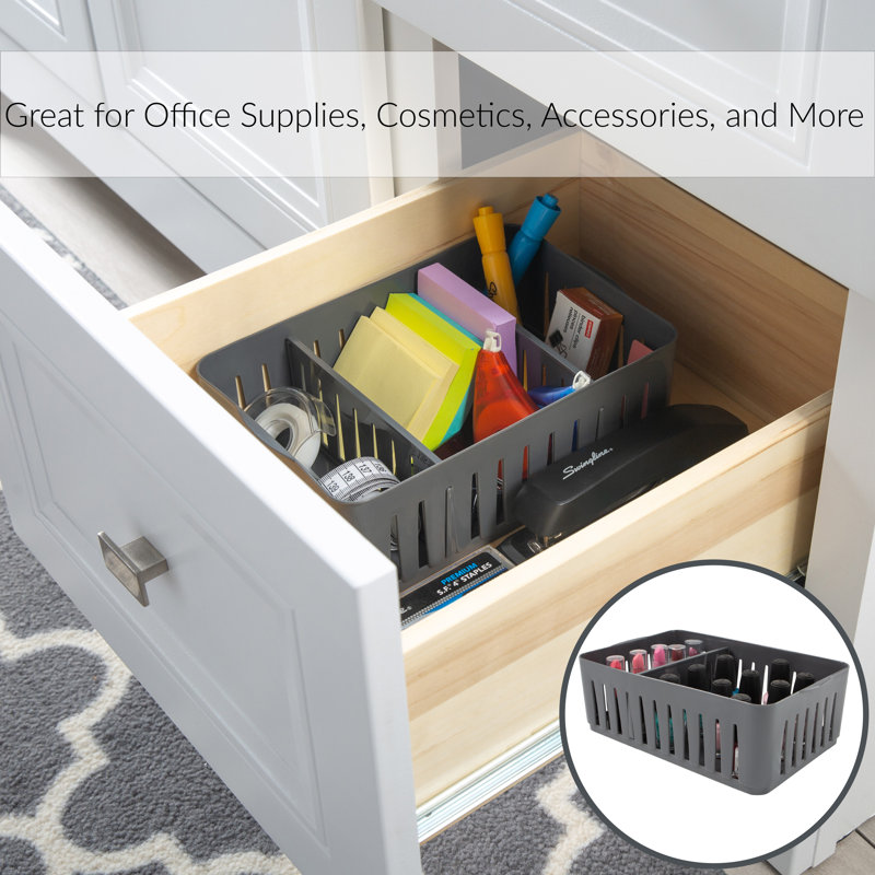 Simplify Medium Gray Stackable Plastic Organizer Baskets with Adjustable Dividers (Set of 4)
