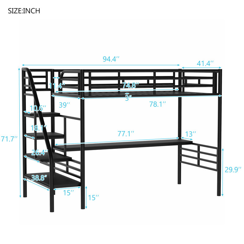  Structure de lit mezzanine en métal avec bureau, modèle compact, noir