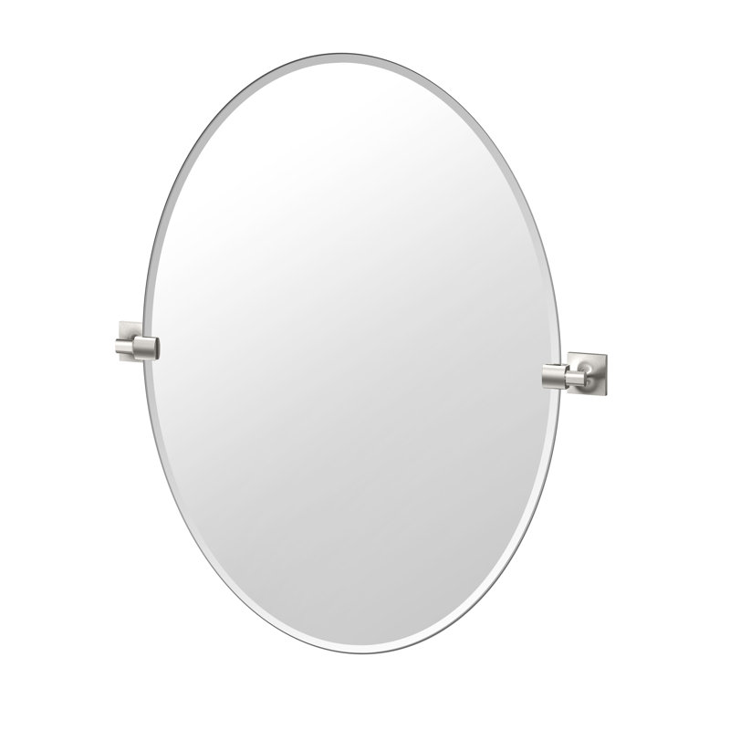 Miroir de salle de bain ovale sans cadre Waterline | Miroir mural pivotant et biseauté, 32 po x 28 po, Chrome