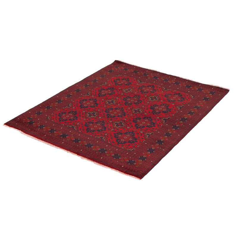 Tapis rouge en laine noué à la main de conception unique 4 pi 11 po x 6 pi 3 po Morteza