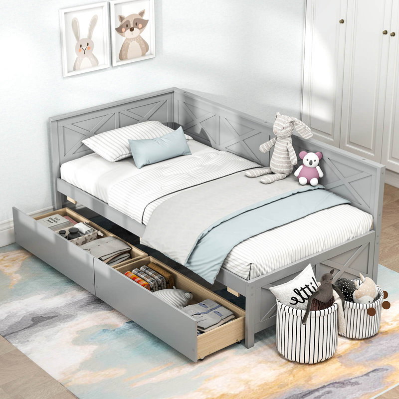 Twin Size Daybed With 2 Storage Drawers Slats Support & Guardrails Sofa Bed, Gray