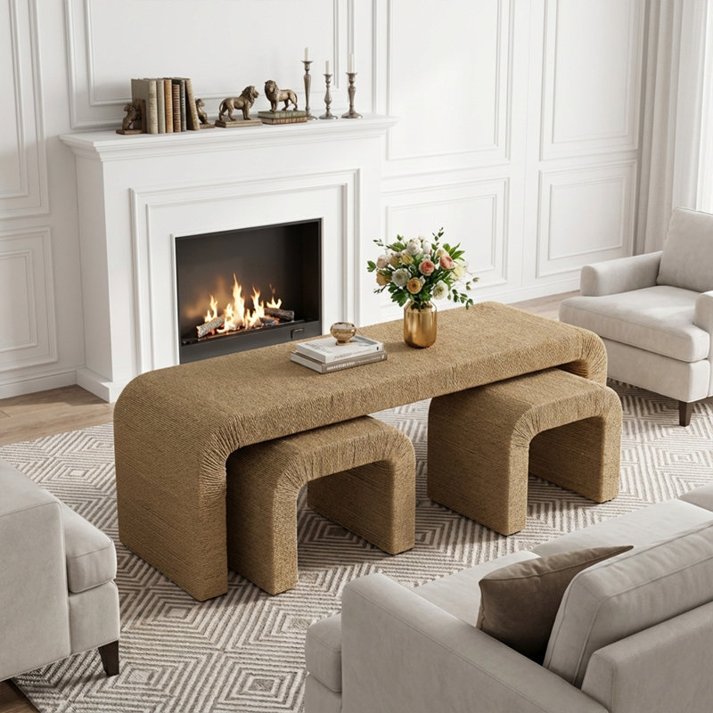 Boho Rope Coffee Table Set with Ottoman, Brown
