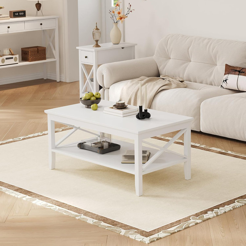 Coffee Table With Classic X-Design, Rectangular Modern Cocktail Table With Storage Shelf