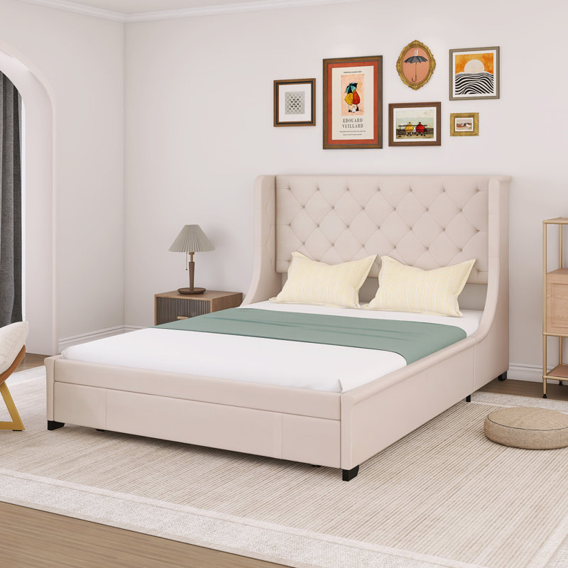 Grand lit avec rangement et grand tiroir, Beige