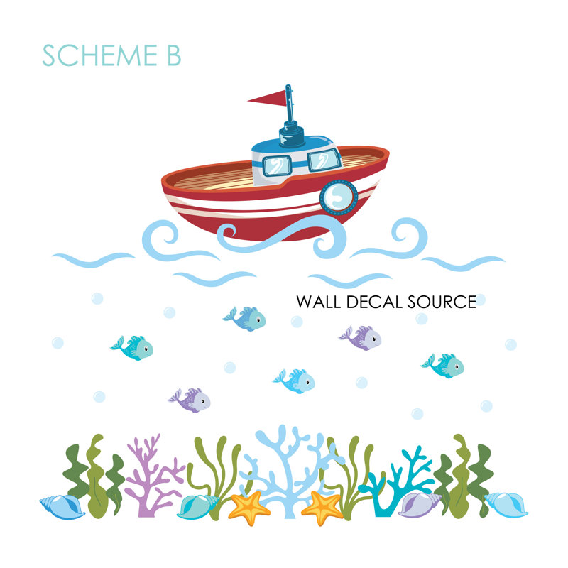 Décalcomanie murale en vinyle océan, salle de bain et poisson, Schéma B