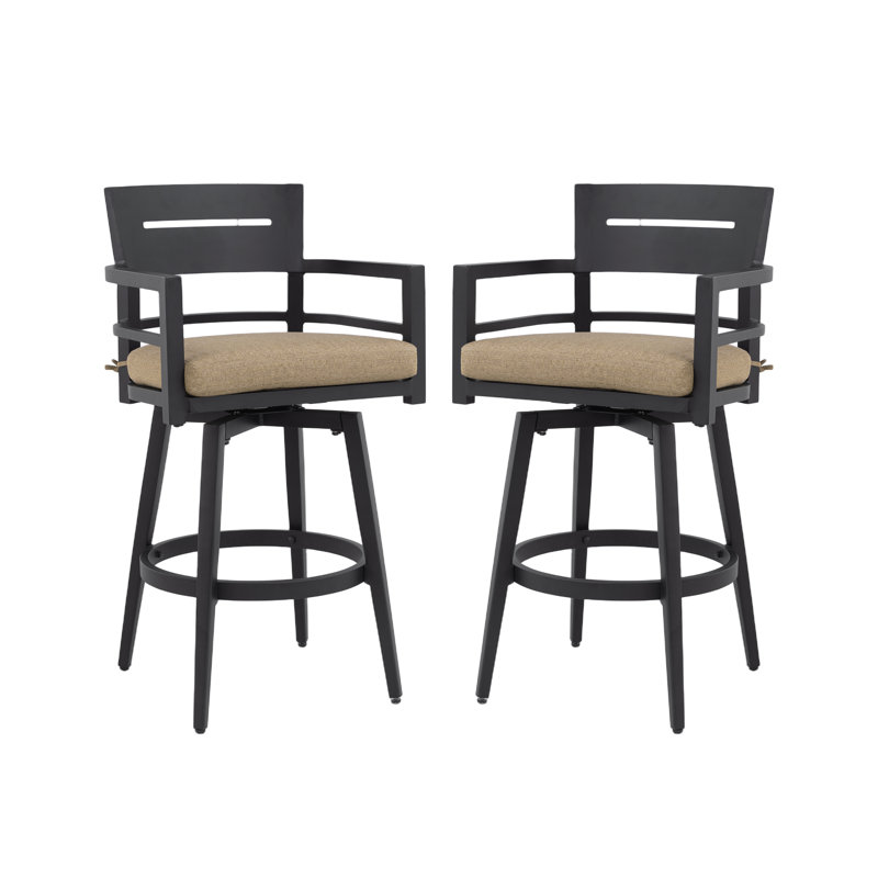Chaise de bar pivotante d'extérieur moderne avec coussin Sunbrella - Tabouret de bar à cadre en aluminium résistant aux intempéries, pivotant à 360 °, conception ergonomique, finition noire Ember