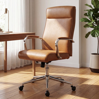 Chaise de bureau en similicuir à haut dossier, chaise de bureau d'ordinateur avec accoudoirs chromés et chaise de travail pivotante à 360 °, hauteur réglable pour le bureau personnel (brun)