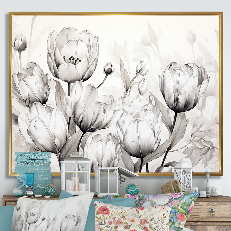Minimalisme, tulipes noires et blanches, symphonie sur toile, Cadre flottant doré, H 34 po x l 44 po x P 1,5 po