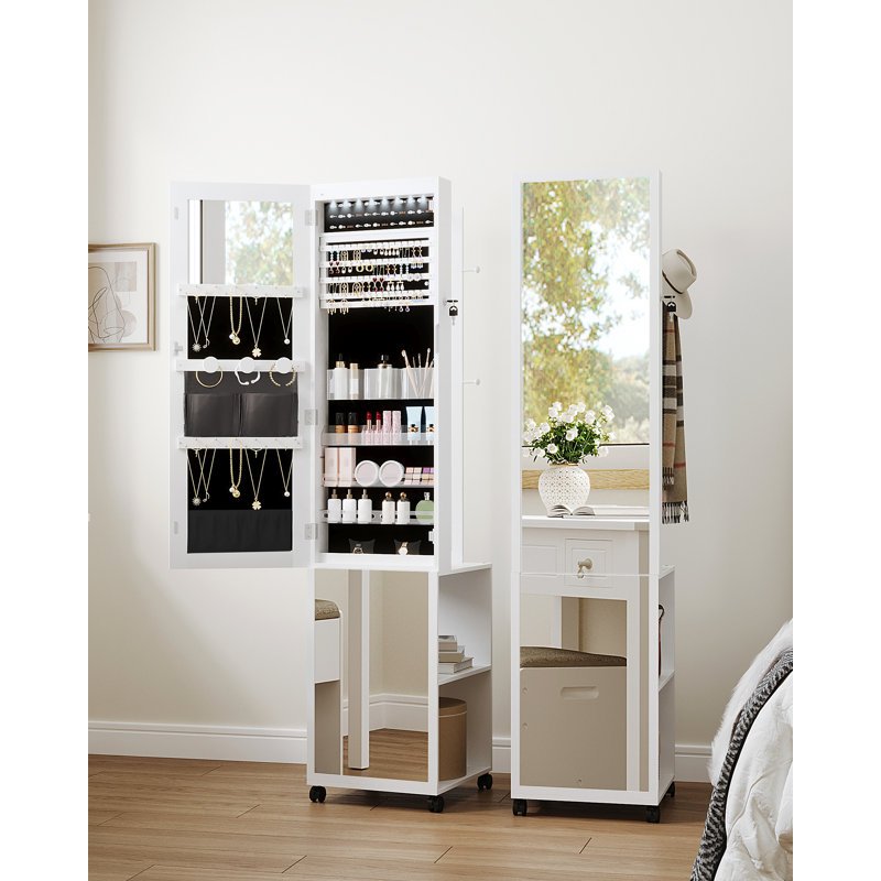 Armoire à bijoux 8 lumières à DEL avec porte-vêtements et miroir verrouillable avec roues et crochets, 5 en 1, blanc, White