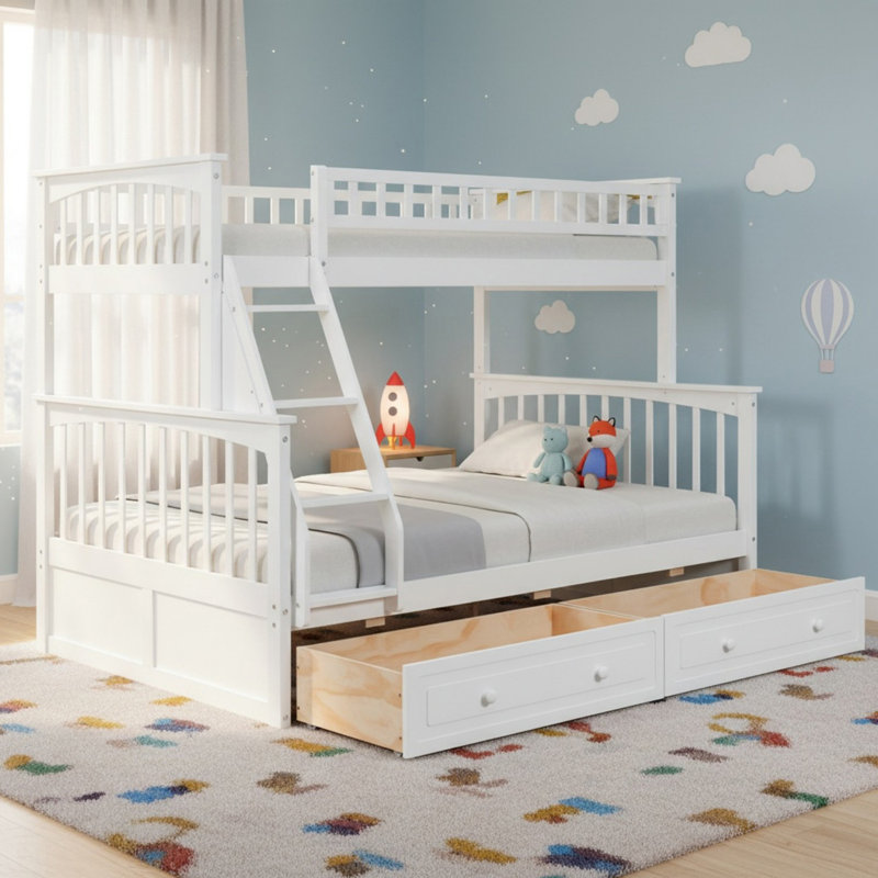 Lit superposé simple au-dessus d'un lit double en bois massif avec tiroirs, 2 lits convertibles, Blanc