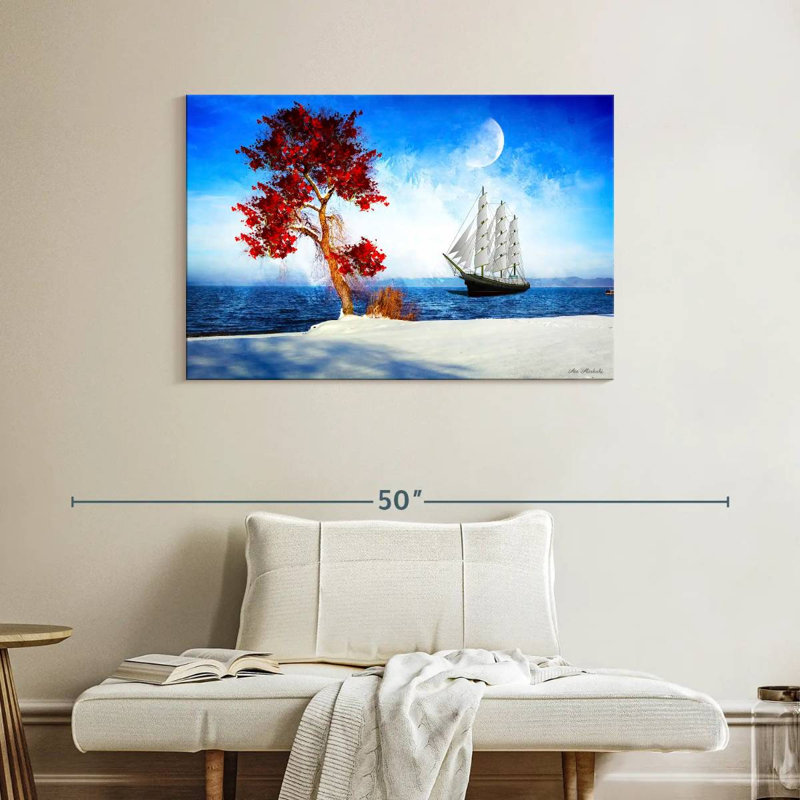 Arbre rouge Mehar et bateau, H 26 po x l 39 po