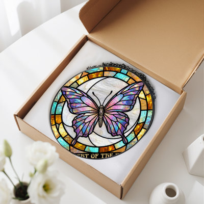 12"H Butterfly Pattern Stained Glass Window Panel