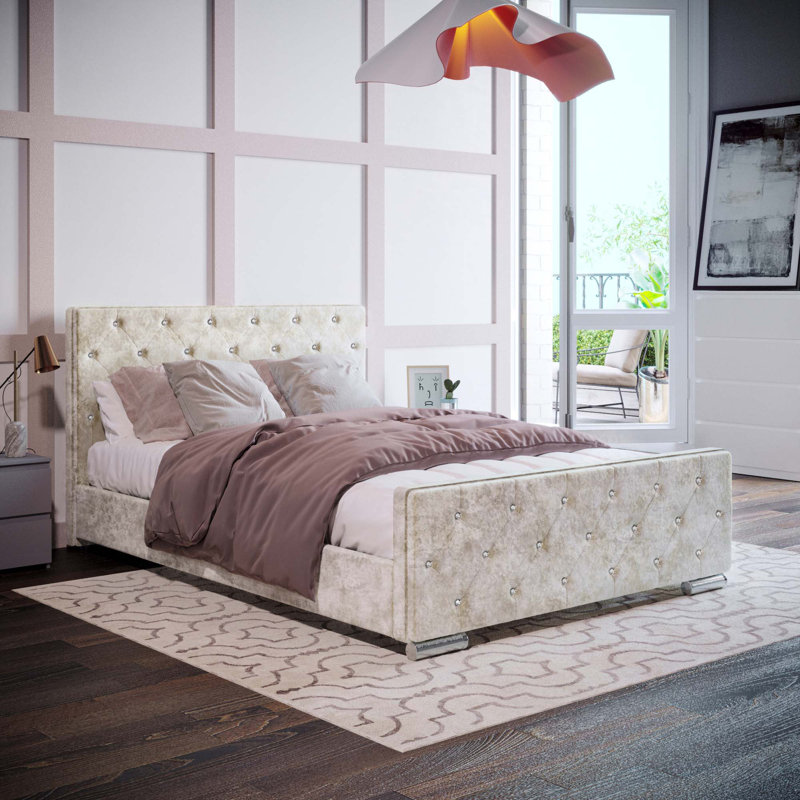 Kali Upholstered Bed, Double (4'6)	, Crushed Velvet Oyster