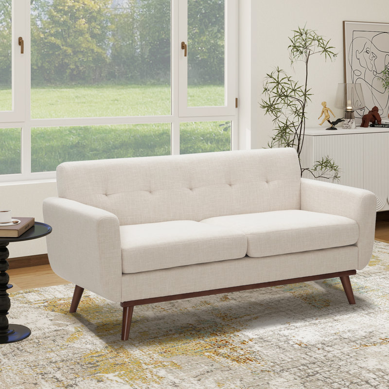 Carmencita 65" Linen Upholstered Square Arm Loveseat, Beige Linen, Iron