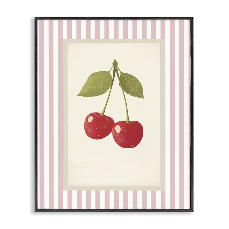Giclée encadrée de cerises délicates sur rayures, design par Christine Simpson Art, H 14 po x l 11 po