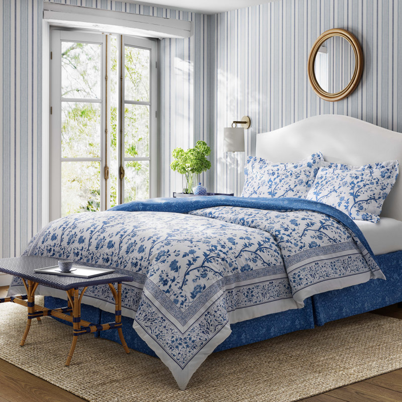 Ensemble d'édredon réversible en coton bleu Charlotte de Laura Ashley, Édredon pour lit simple + 1 taie décorative stan
