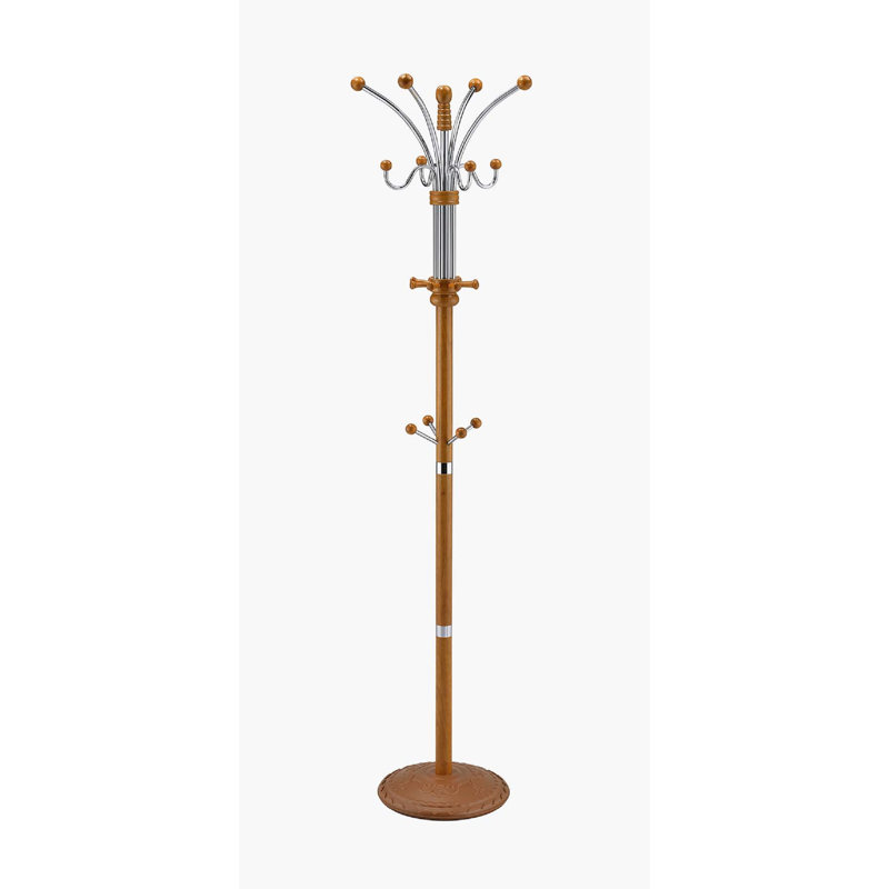 73" Tall Chrome and Wood Coat Rack, Oak