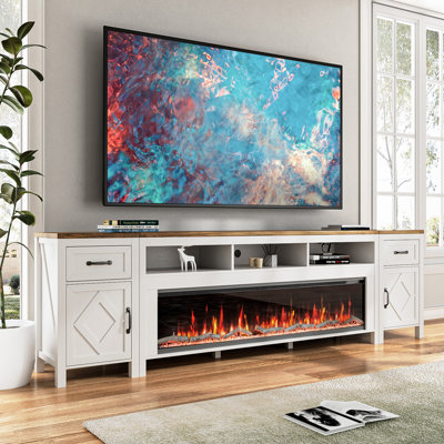 98 Inch Fireplace Tv Stand For Tvs Up To 100 Inch,farmhouse Entertainment Center With 60"" Electric Fireplace,white Tv Console With Storage Cabinets An -  Gracie Oaks, EFE23A6397184588858C5BFB4AEC4929