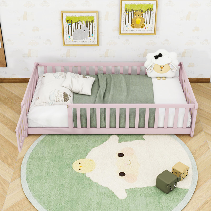 Wood Floor Bed With Fence, Twin, Pink