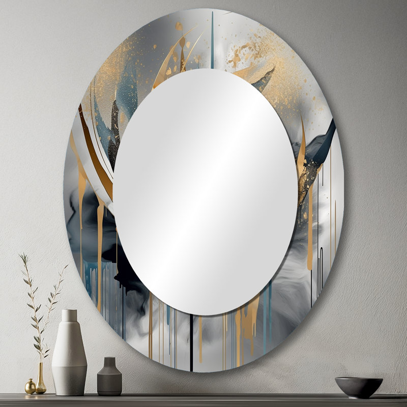 Abstract Shapes And Infinity Lines III - Gold Oval Wall Mirror Decor, 43" x 33"