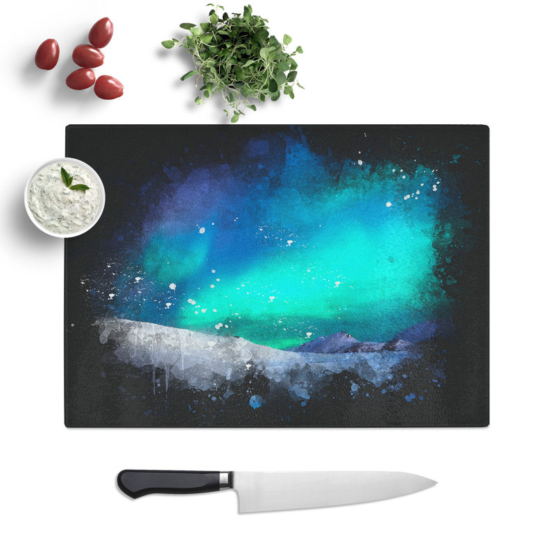 Tempered Glass Aurora Borealis in Iceland Paint Splash Chopping Board, 28.5 cm x 39 cm