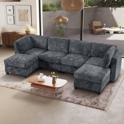 128" U-Shaped Modular Sectional Sofa With Under-Seat Storage, Comfy Modern Cloud Couch Convertible Sleeper