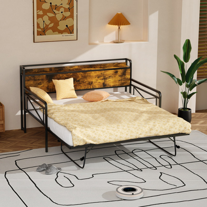 Twin Size Daybed With Trundle Twin, Metal Daybed Frame With Pop-Up Trundle Bed And Charging Station,Day Bed With Wooden Storage Headboard And LED Lights