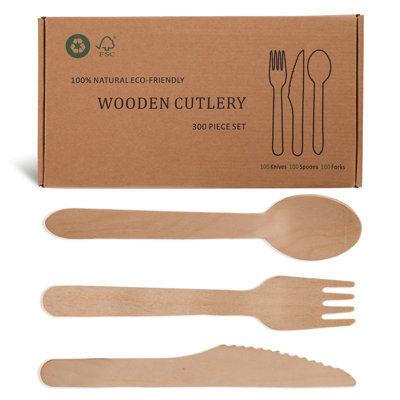 Disposable Wooden Forks Set-300 Pieces Wooden Compostable Utensils(100 Forks, 100 Knives, 100 Spoons) For 100 Guests