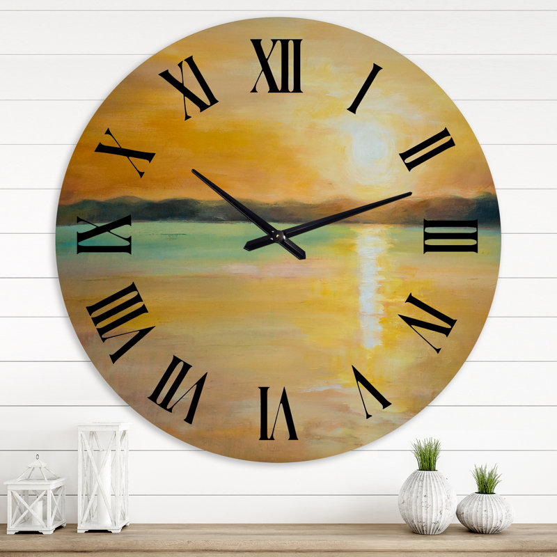Jaune coucher de soleil à l'horizon - horloge murale nautique et côtière, Grand