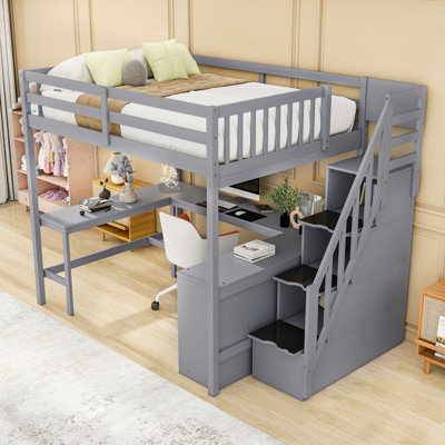 Full Loft Bed With L-Shaped Desk, Shelves And Storage Staircase