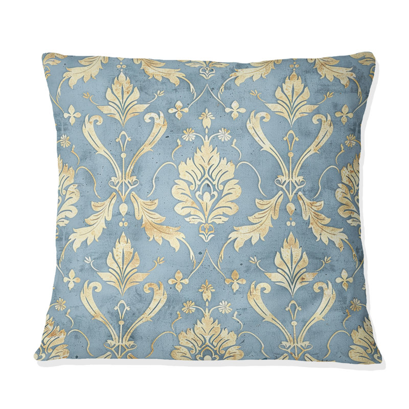 «Blue Gold Damask Glamour Print I» - Coussin Farmhouse, H 18 po x l 18 po, Carrée