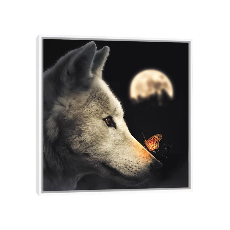 The Wolf & Glowing Butterfly by Zenja Gammer - Print on Canvas, 45.72 cm H x 45.72 cm W, White Framed