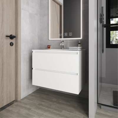 Meuble-lavabo de salle de bain au fini blanc avec design flottant, deux tiroirs et lavabo - hauteur 23,3 po, largeur 17,7 po, esthétique moderne 31,5 po
