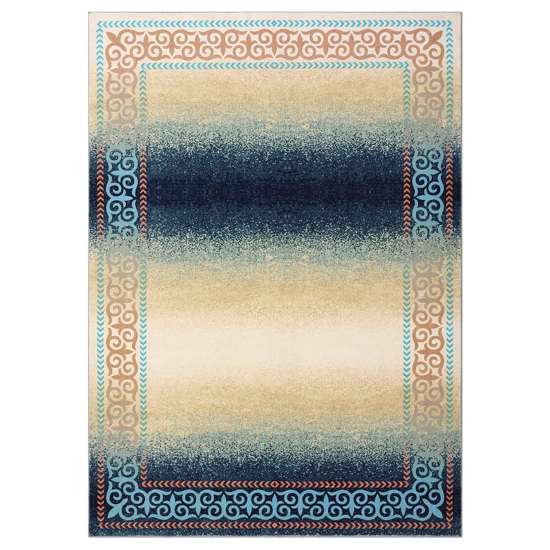 Machine Washable Rugs Bordered Design Modern Non-Slip Low Pile Rubber Backing Ombre Area Rug for Living Room Bedroom Kitchen Dining Room