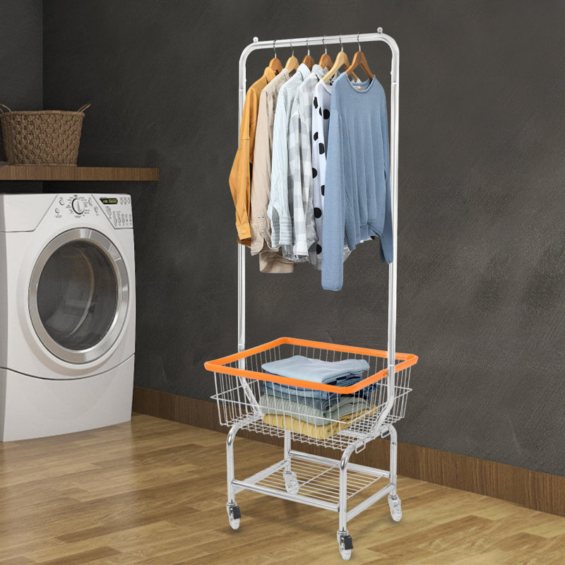 Chariot à linge de grande capacité, chariot à linge roulant, chariot à linge avec tringle, Argent / orange / transparent